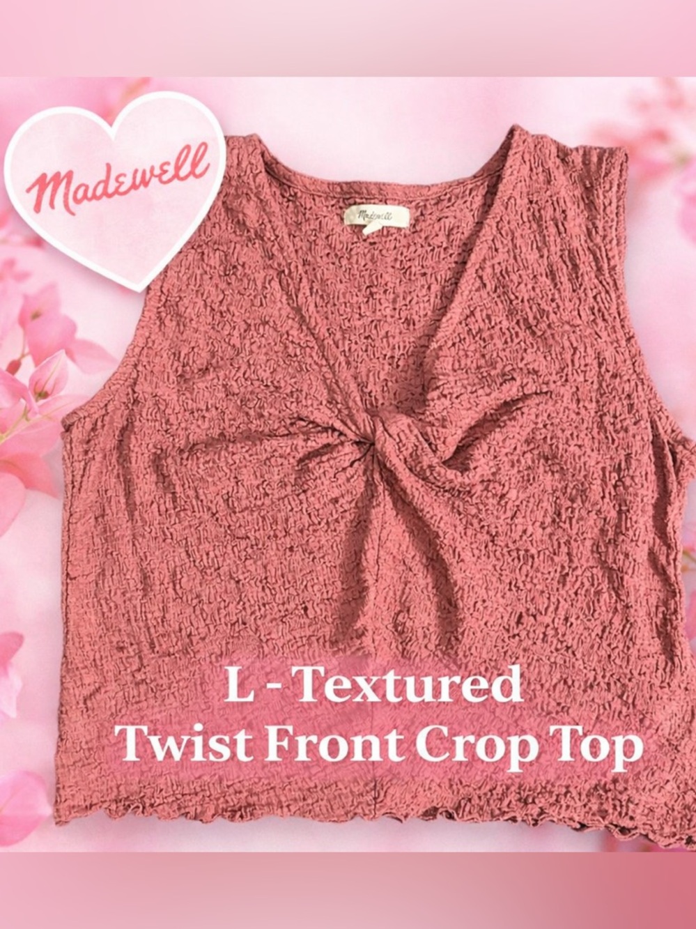 Madewell Pink Textured Twist Front Crop Top Size Large Crinkle Knit Tank